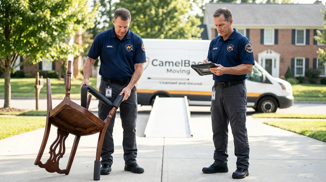 Movers inspecting furniture for damage prevention before loading in Gold Canyon, AZ