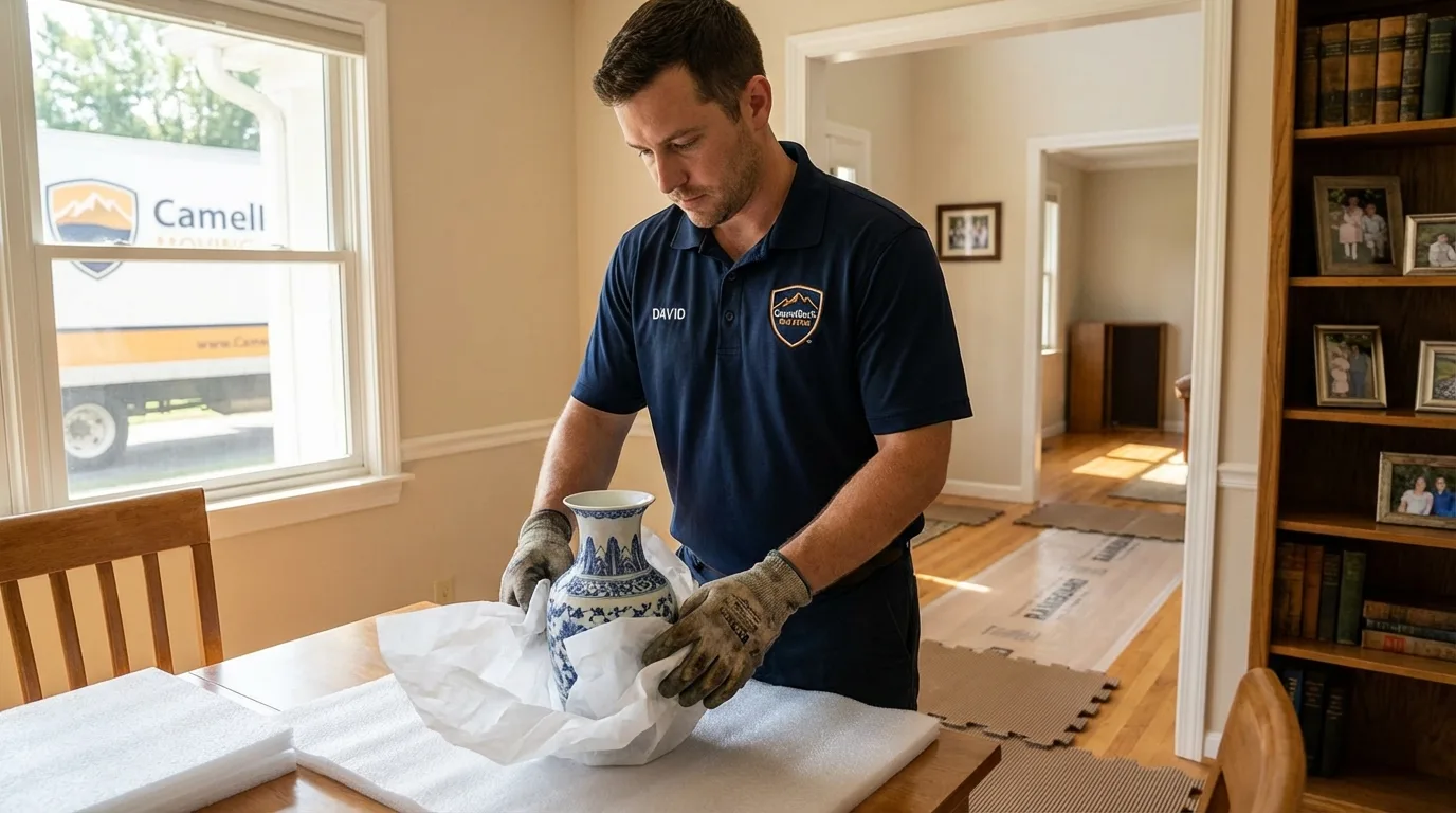 Professional crew carefully wrapping antique vase for senior downsizing move in Gold Canyon, AZ